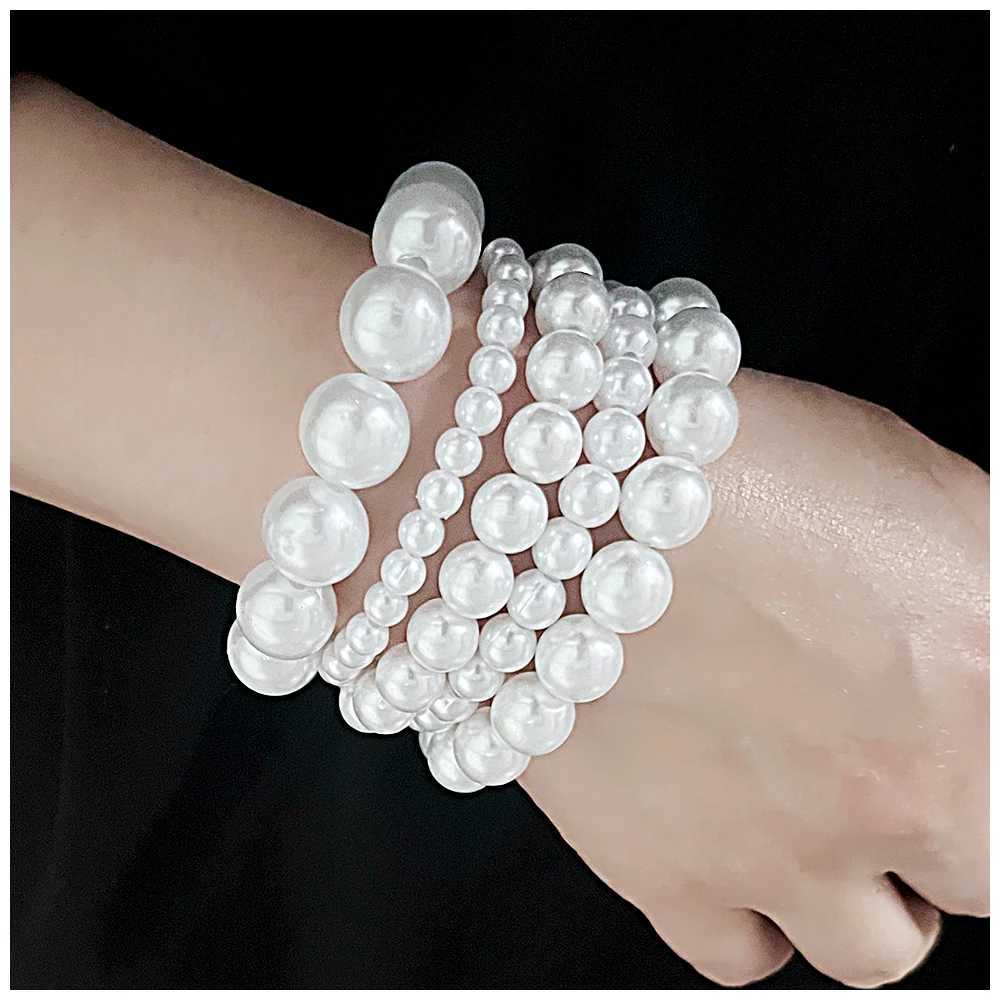 GGQINISI Imitation Pearl Chain Bead Bracelet Set 5 pieces 6-12mm handmade Bohemian elastic bracelet W240913