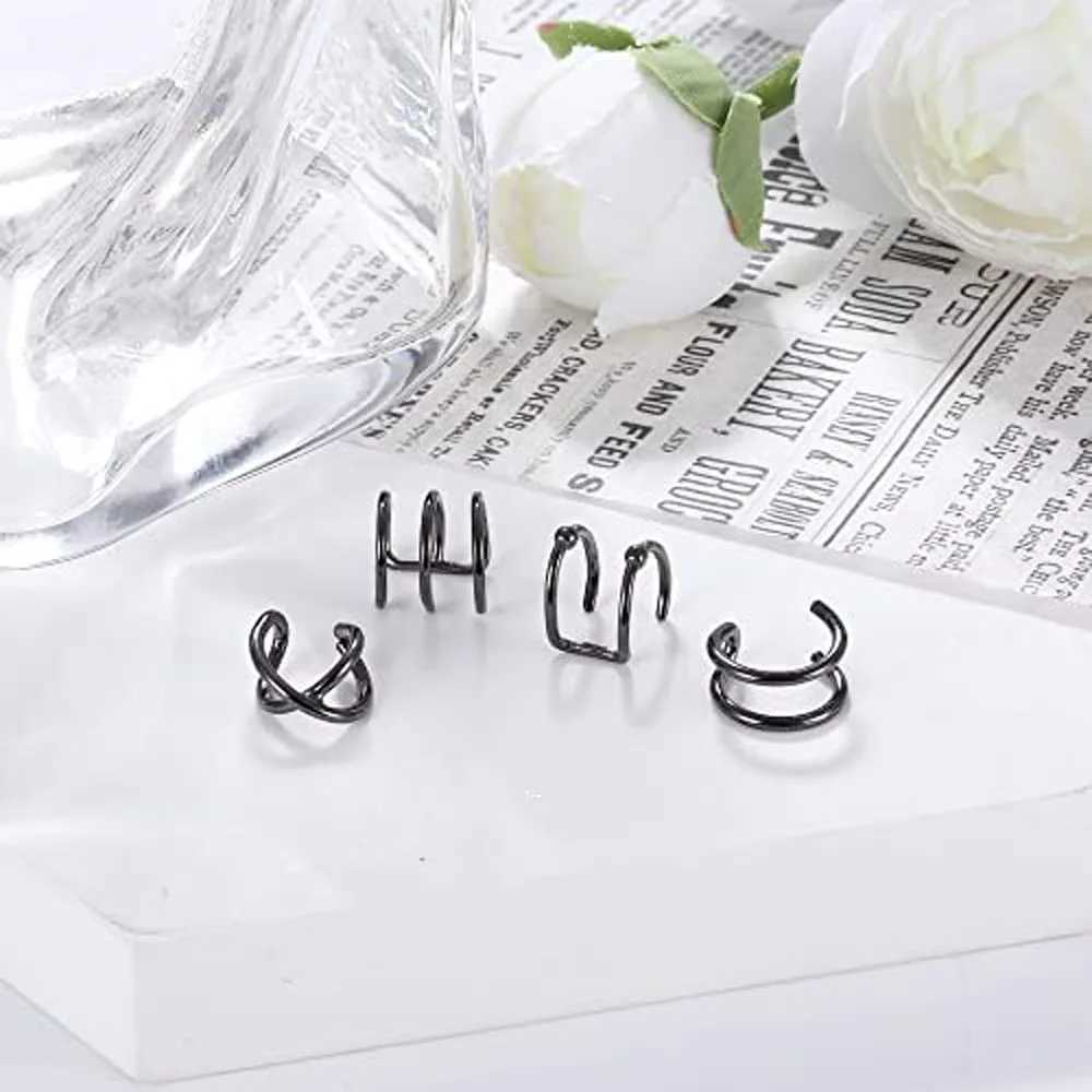 2-4pcs Stainless Steel Black Ear Criss Cross Double Lines Adjustable Ear Cuff Earrings Non-Piercing Fake Cartilage Clip On WomenX240913