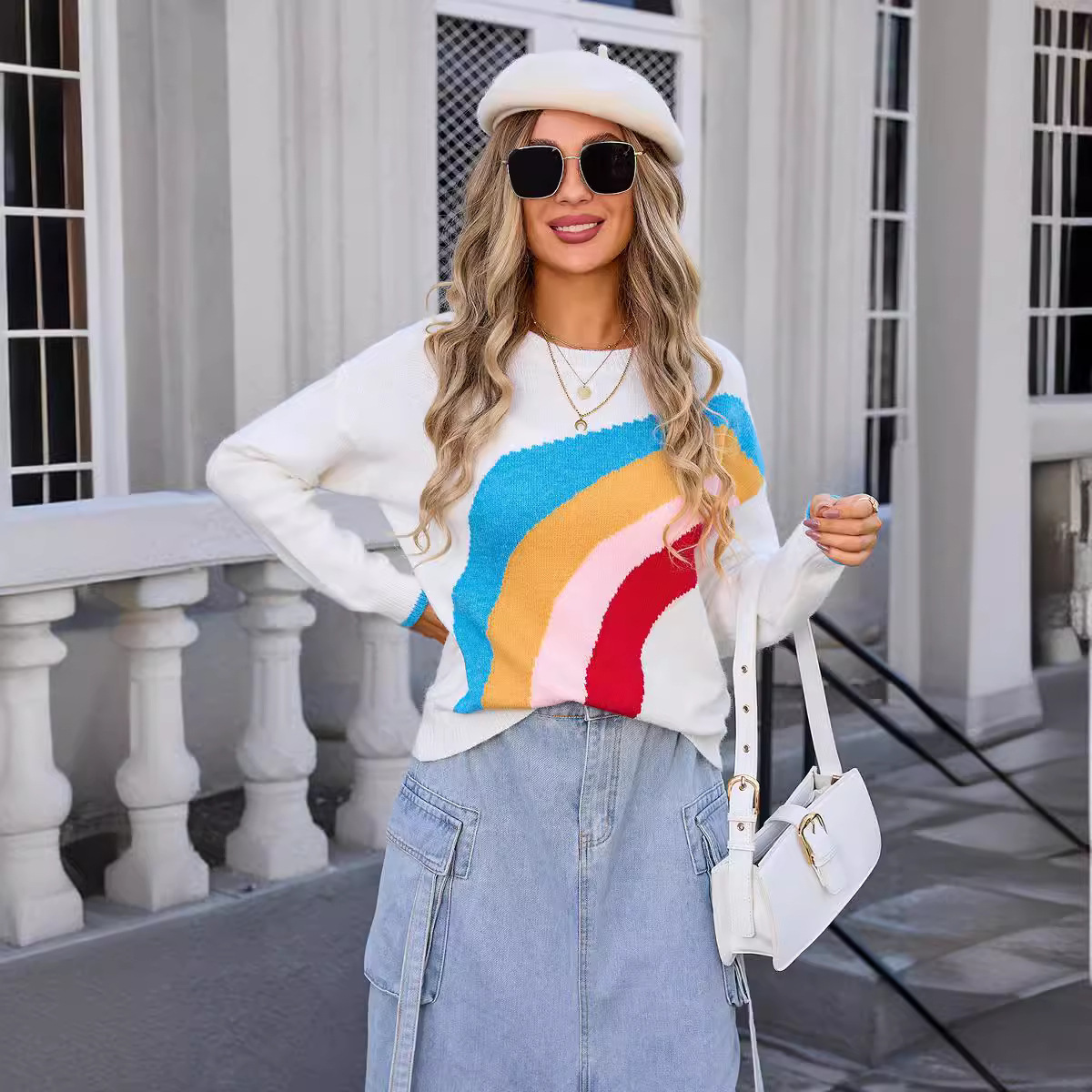 2024 Autumn New Women's Clothing Splicing Rainbow Stripes Internet Red Fashion Knitted Sweater for Women