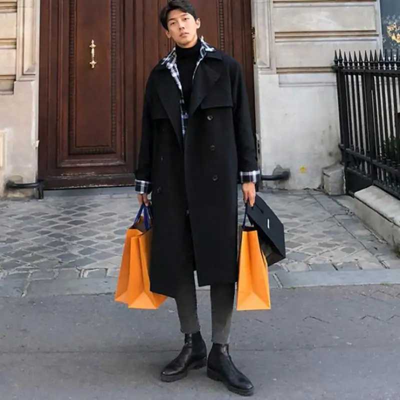 Mens Trench Coat Slim fit Double Breasted Belted Windbreaker Lapel Long Jacket Casual Windproof Overcoat in Mens Trench M-XXL Y240913