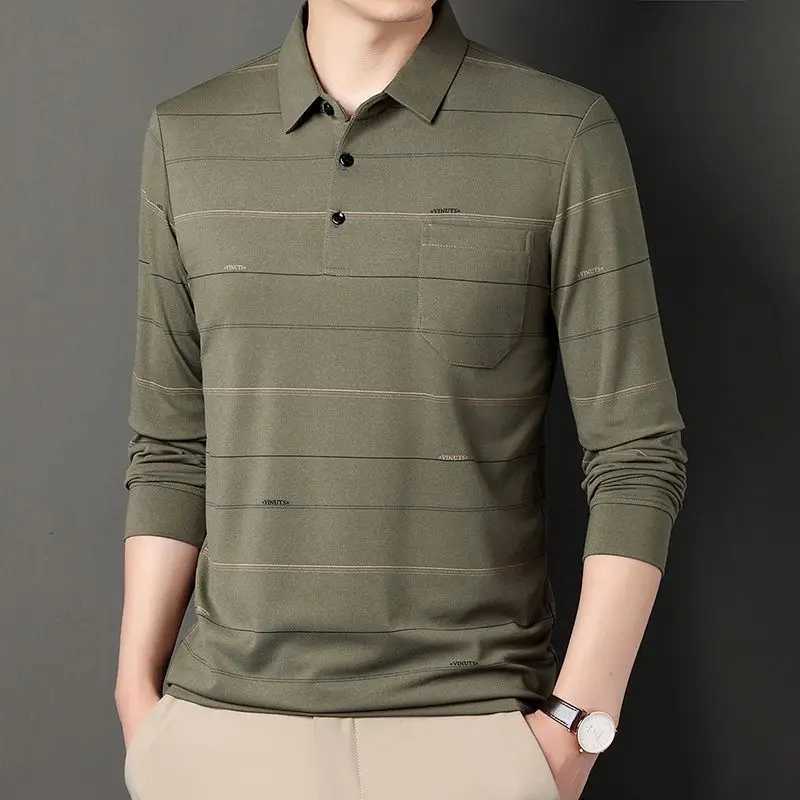Street Clothing Mens Striped Polo Shirt Spring and Autumn New Cotton Mens Clothing Pocket Long Sleeve Casual Loose Business Top W240913
