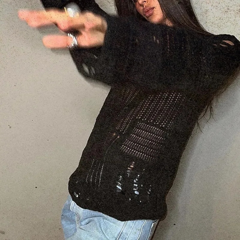 PTKPCC Vintage White Ripped Hole Grunge Sweater Women Casual Loose Jumper Solid Long Pullovers Knitted Hollow Out Holidays 240911