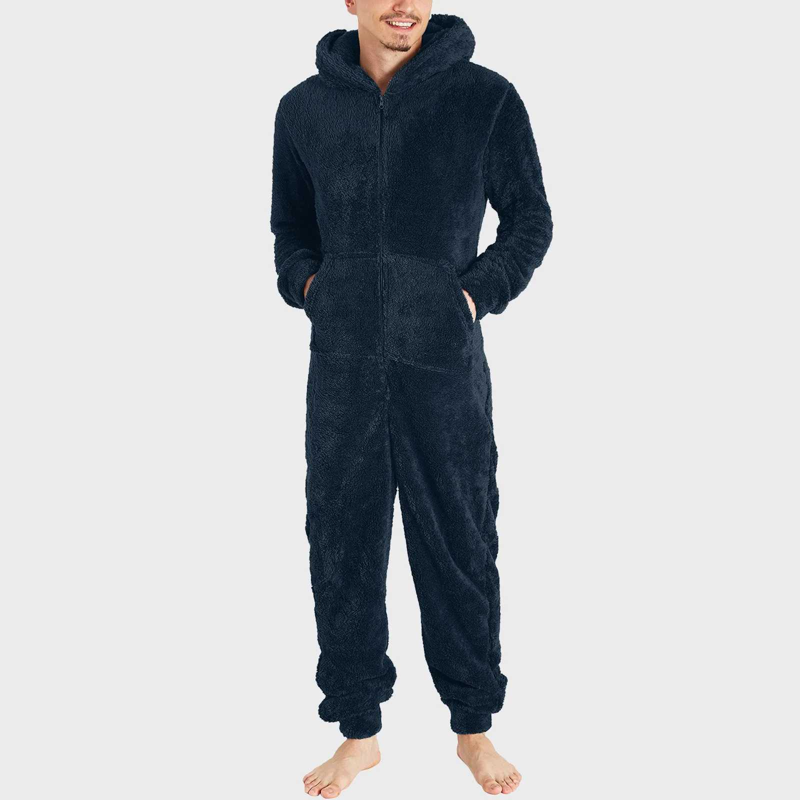Men Jumpsuit Long Sleeve Pajama Solid Zipper Hooded Jumpsuit Casual Winter Warm Sleepwear Comfortable Male Home Clothing 2024 Y240913
