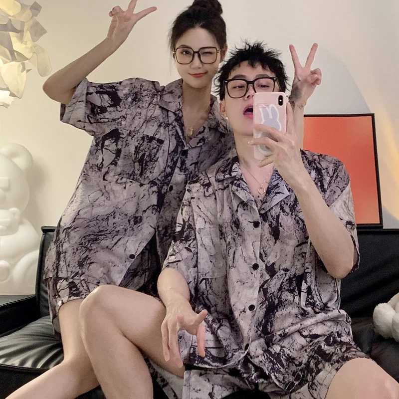 Women Ice Silk Pajamas Set Cartoon Bear Sleepwear Loungewear Button-Down Pajama Men Pijama Homewear Shorts Set for Couples Y240913