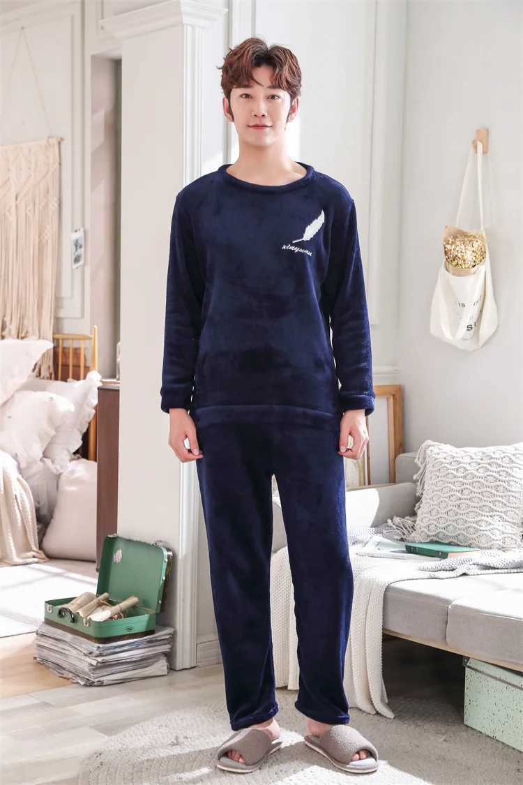 Two Piece Men Autumn and Winter Warm Flannel Pyjamas Sets Blue Long Sleeve Elastic Sleepwear Solid Soft Casual O-Neck homewear Y240913