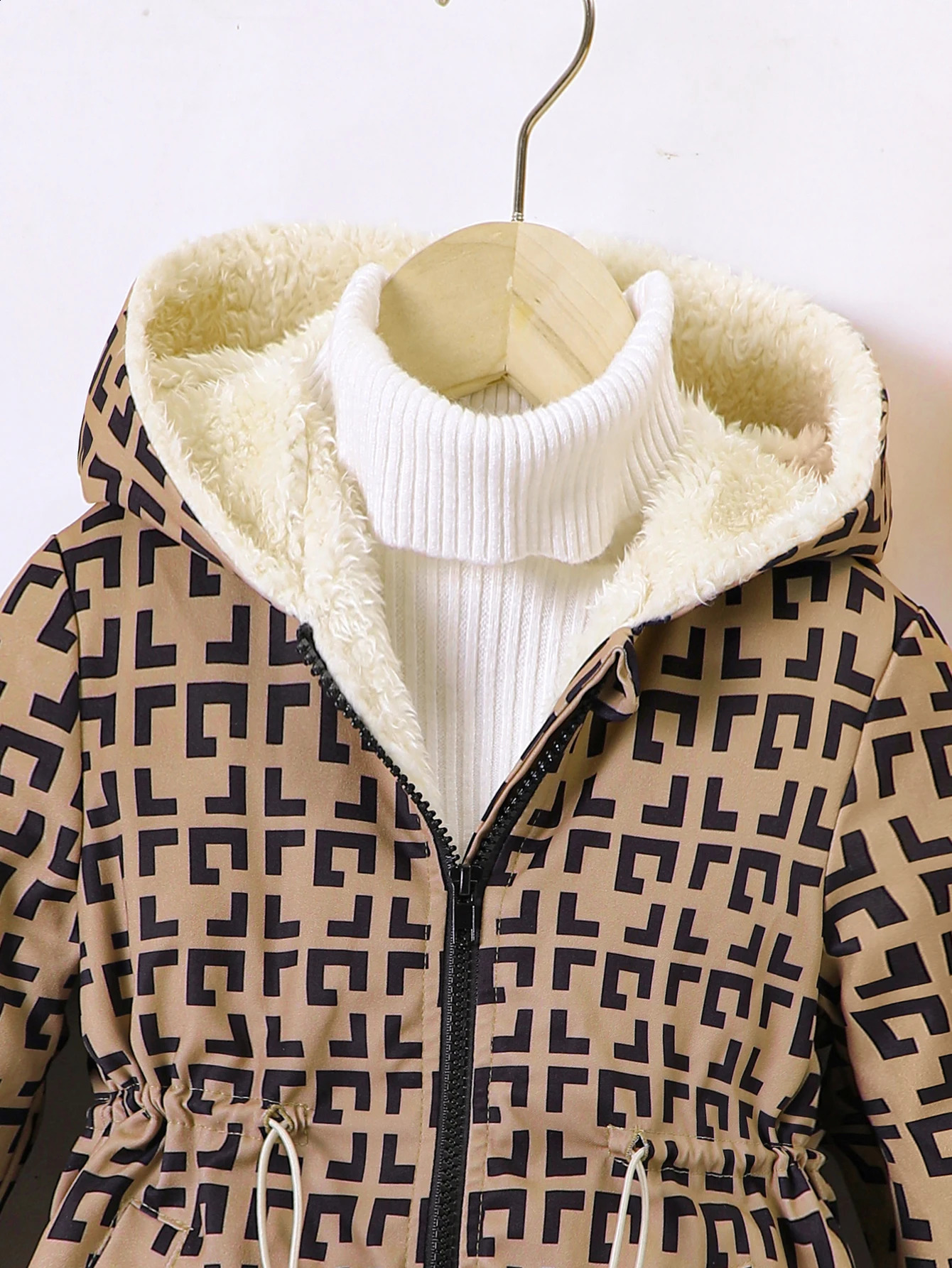 Product For Young Children Winter Thick Plush Hooded Plaid Zippered Jacket Girls 240905