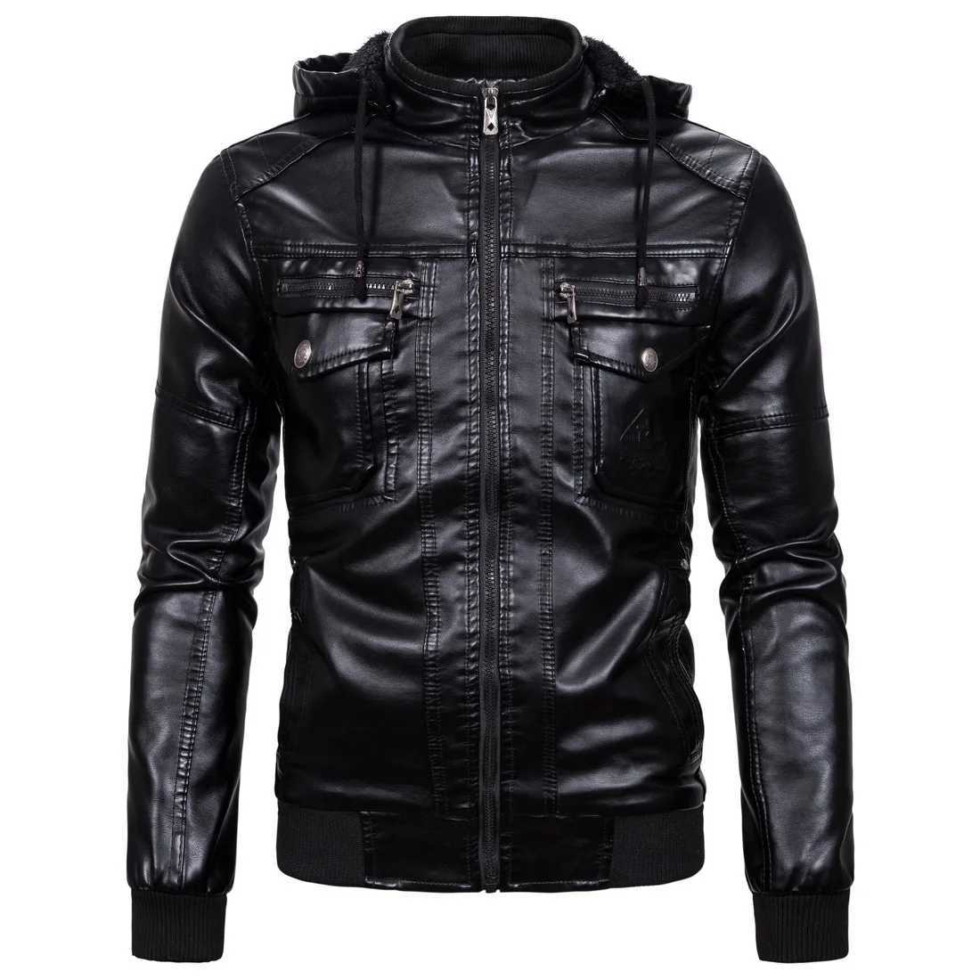 Mens Leather Jacket with Plush Insulation Classic Imitation Sheepskin Hood Business Casual Pu Sports Jacket Autumn and WinteX240913