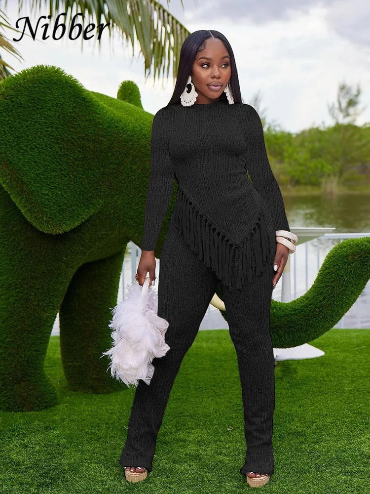 Nibber Autumn Casual Two Piece Set Women Irregular Tassel Chic Top Stretch Flare Pant Female Streetwear Outfits Tracksuit 240910