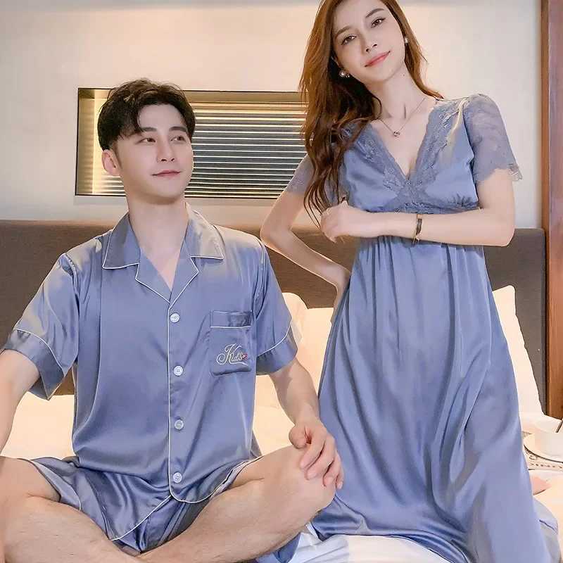 Couples Satin Silk Nightwear Plus Size Mens Short Sleep Sleeves Sleep Tops Shorts Pajamas Set Women Nightdress Home Clothes Y240913