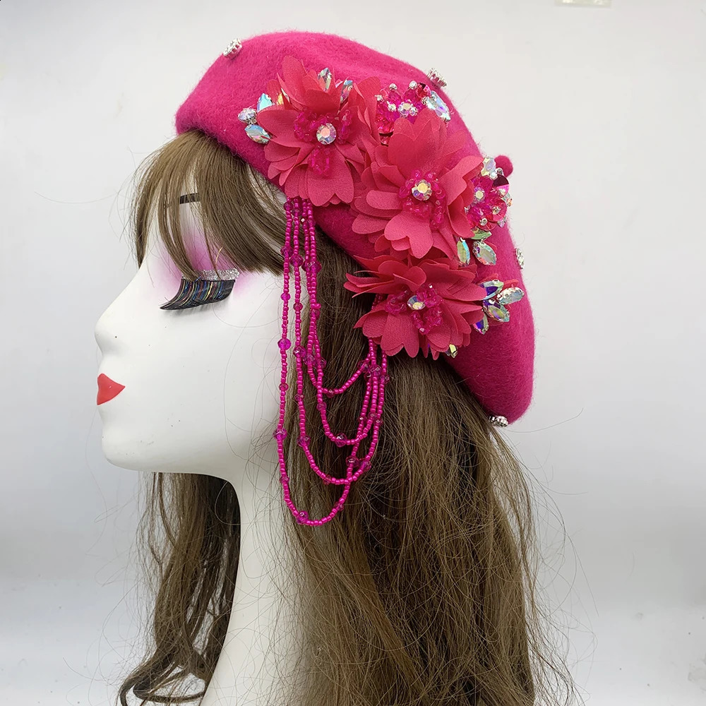 Winter Fashion Womens Beret Tassel Flower Hat African Womens Headbag Winter Hat 240912