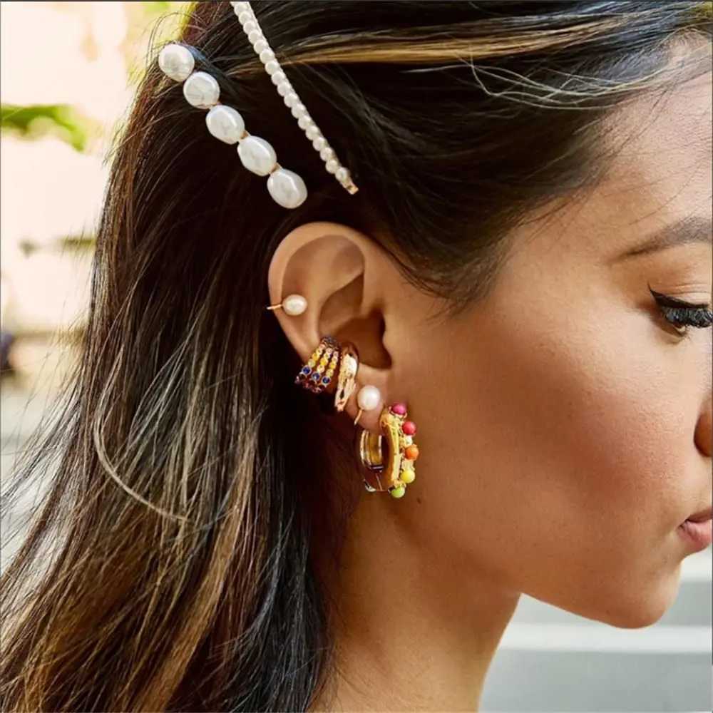 Rainbow CZ Cuff Earrings Women Jewelry Rhinestone Dangle No Pierced Statement Cubic Zirconia Ear Clip on Ear Cuff C-shapedX240913