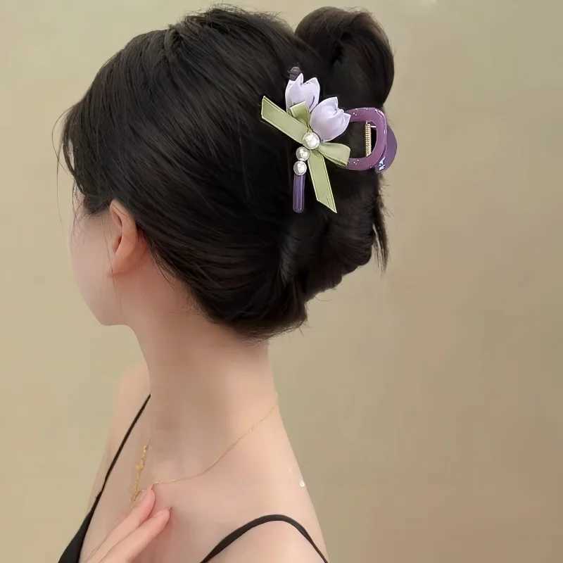 Exquisite Summer Hair Claw with Tulip Flowers and Pearls Gentle and Sweet Hair Accessory Luxurious bowknot butterfly claw clipsX240912