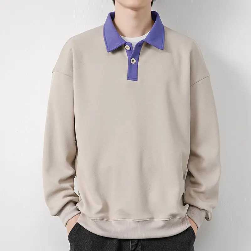 Oversized European and American fashion top with patchwork buttons long sleeves simple solid color decal polo shirt W240913