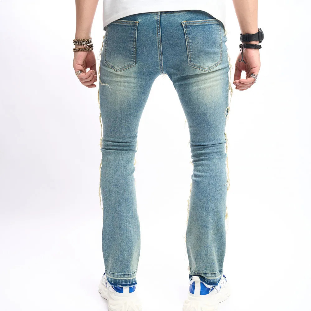 Men Retro Style Stacked Spliced Slim Straight Biker Jeans Pants Streetwear Male Casual Denim Trousers 240912
