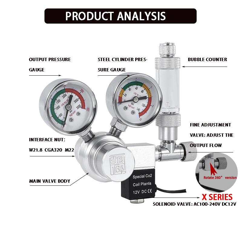 Aquarium CO2 regulator solenoid valve bubble meter plant water grass tankCO2 reaction control system pressure reducing valve