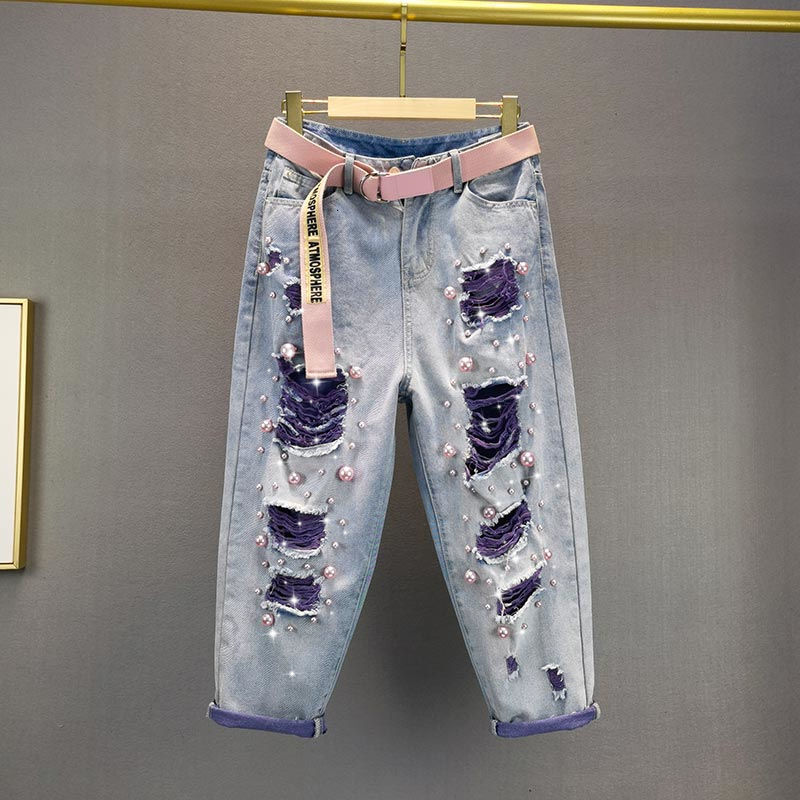 Color Beading Denim Harem Pants Women Summer Green Pearl High Waist Loose Oversized Fashion Trend All-matched Hole Jeans
