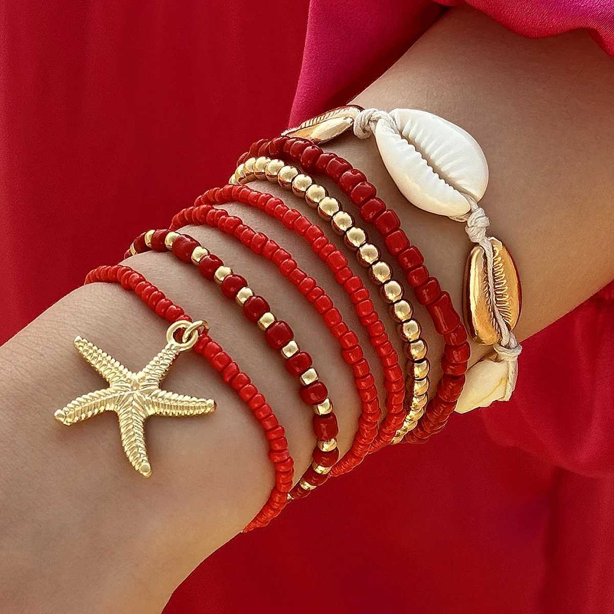 Duo Kona Bohemian Shell Starfish Bracelet Set Womens Beach Meat Multi Layer Bracelet Jewelry Party 7 Pieces/Set 25134 W240913