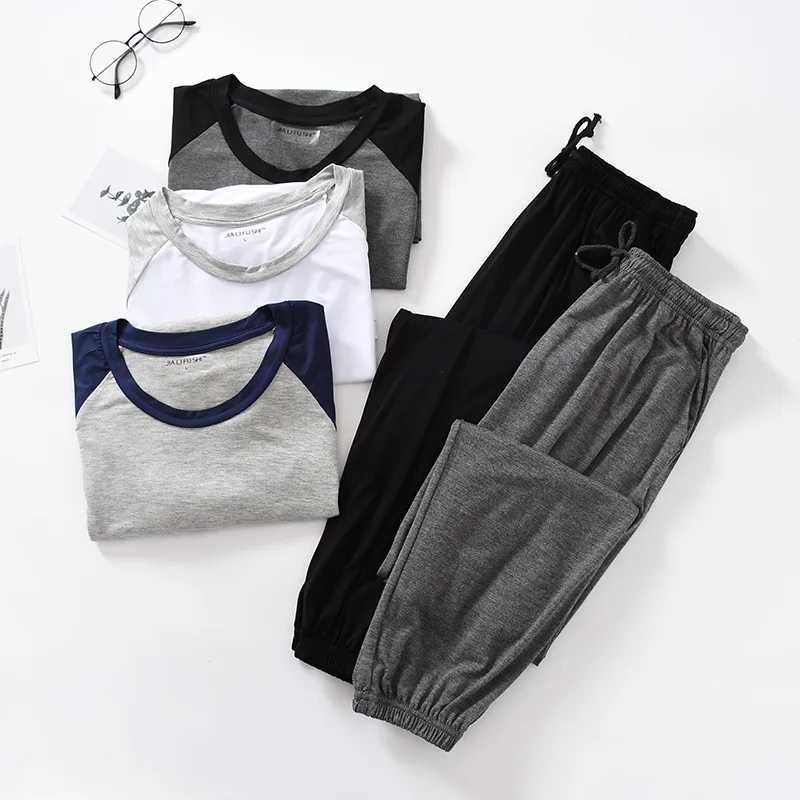 Japanese spring and summer mens pajamas suit modal short-sleeved trousers thin stitching plus fat large size loose home service Y240913