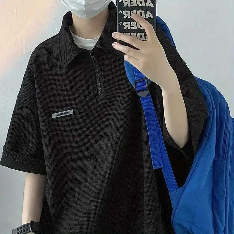 Fashionable half zipper mens summer T-shirt Hong Kong style long sleeved polo shirt casual loose mens top W240913