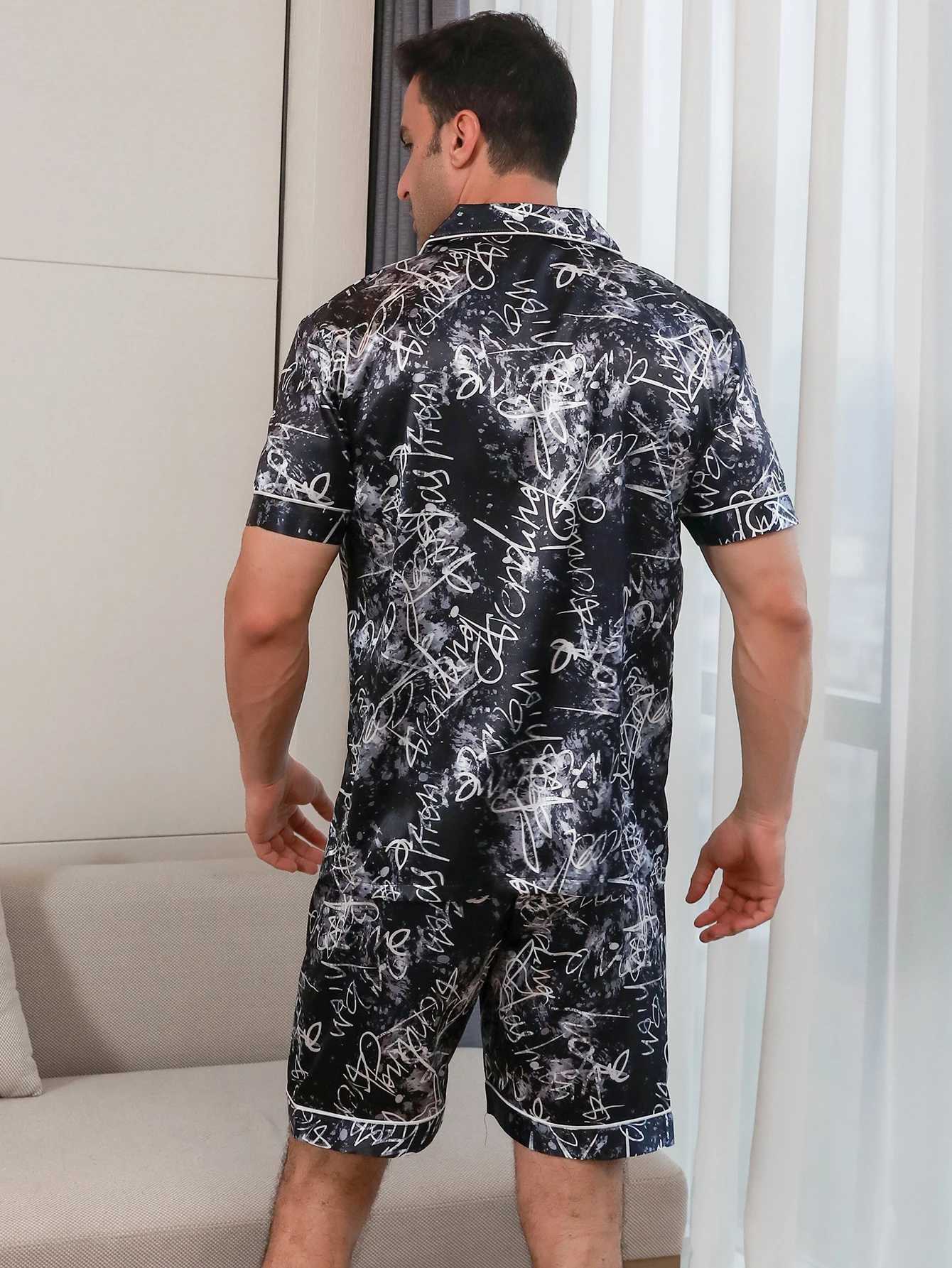 Two piece sets for mens sleepwear summer short sleeved shorts signature wall printed home clothes sleepwear set Y240913