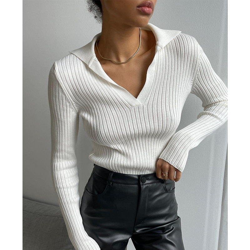 POLO collar knitted 2024 autumn and winter temperament commuting slim fit pit stripe base pullover sweater for women