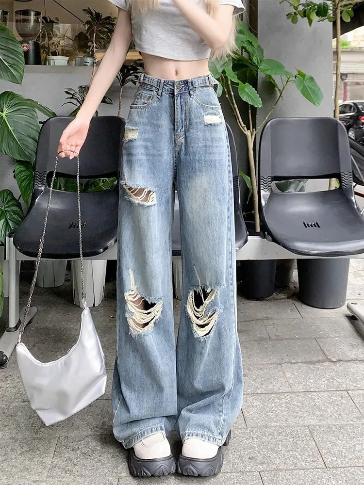 Jeans Y2K Korean Retro American ripped jeans women floor mopping high waist straight loose wide leg pants