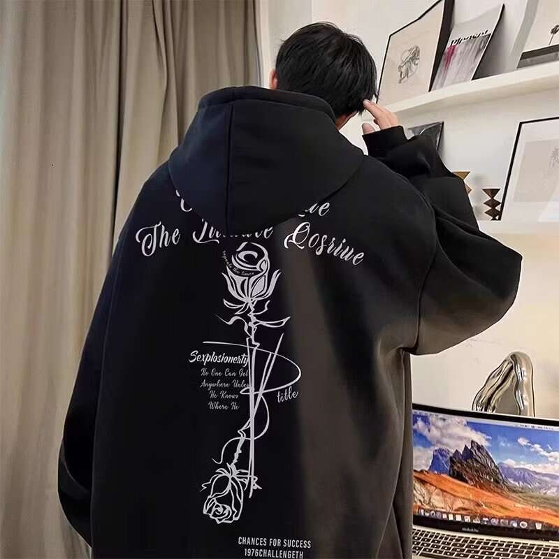 Rose Hooded Sweatshirt For Male Students, American Spring And Autumn Pullover Hoodie, Hoodie Trendy Brand, Loose And Versatile Hoodie Top, Trendy