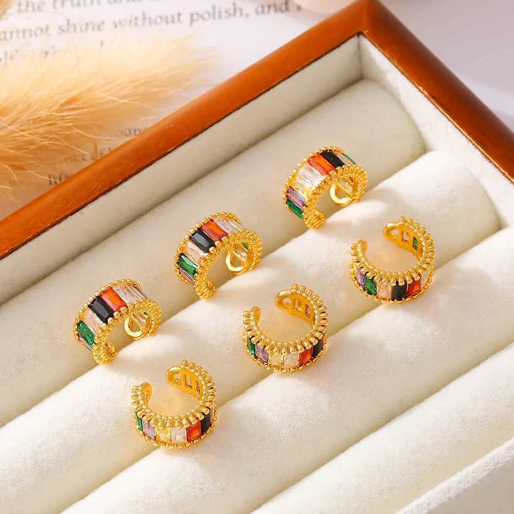 Copper Hollow Personality Small Earrings Womens Colorful Square Glass Stone Bohemian Ear Clips Luxury Designer Jewelry GiftX240913