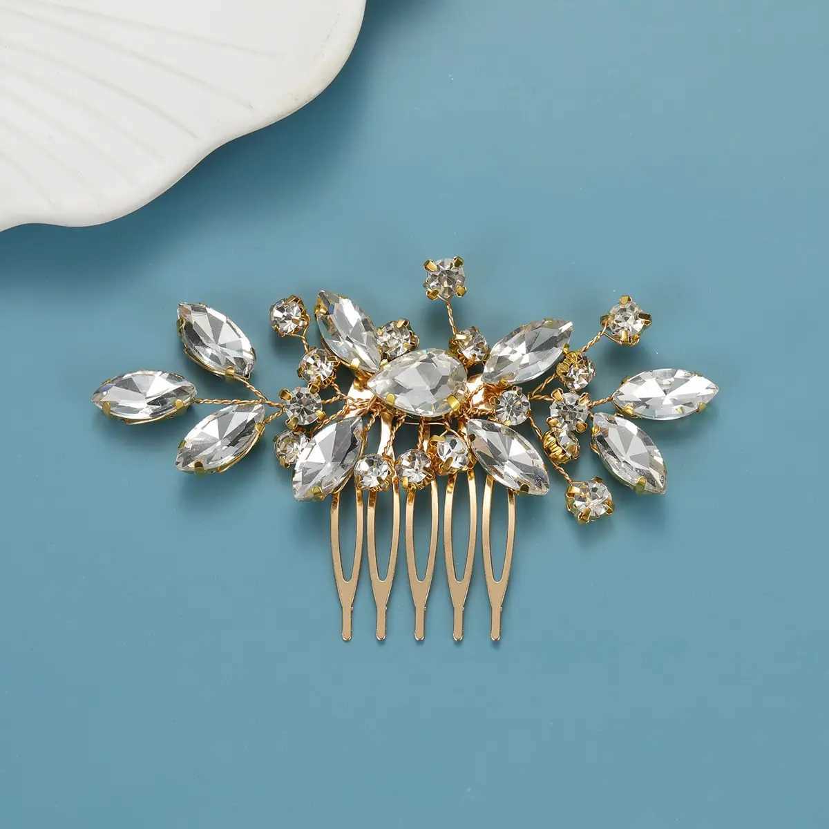 Luxury Girl Hair Comb Golden Hairpin Rhinestone Bridal Hair Accessories Alloy Flower and Leaf Shape Hair Pin For WomenX240913