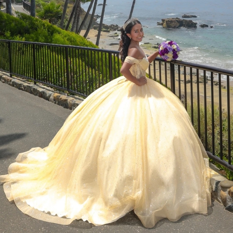 Yellow Princess Ball Gown Quinceanera Dresses 2025 Off Shoulder Beaded Crystals Tull Sweet 16 Birthday Party Lace-Up Vestid Vestidos 15 De Anos