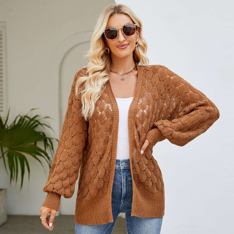 V-neck hollowed out long sleeved cardigan loose knitted jacket