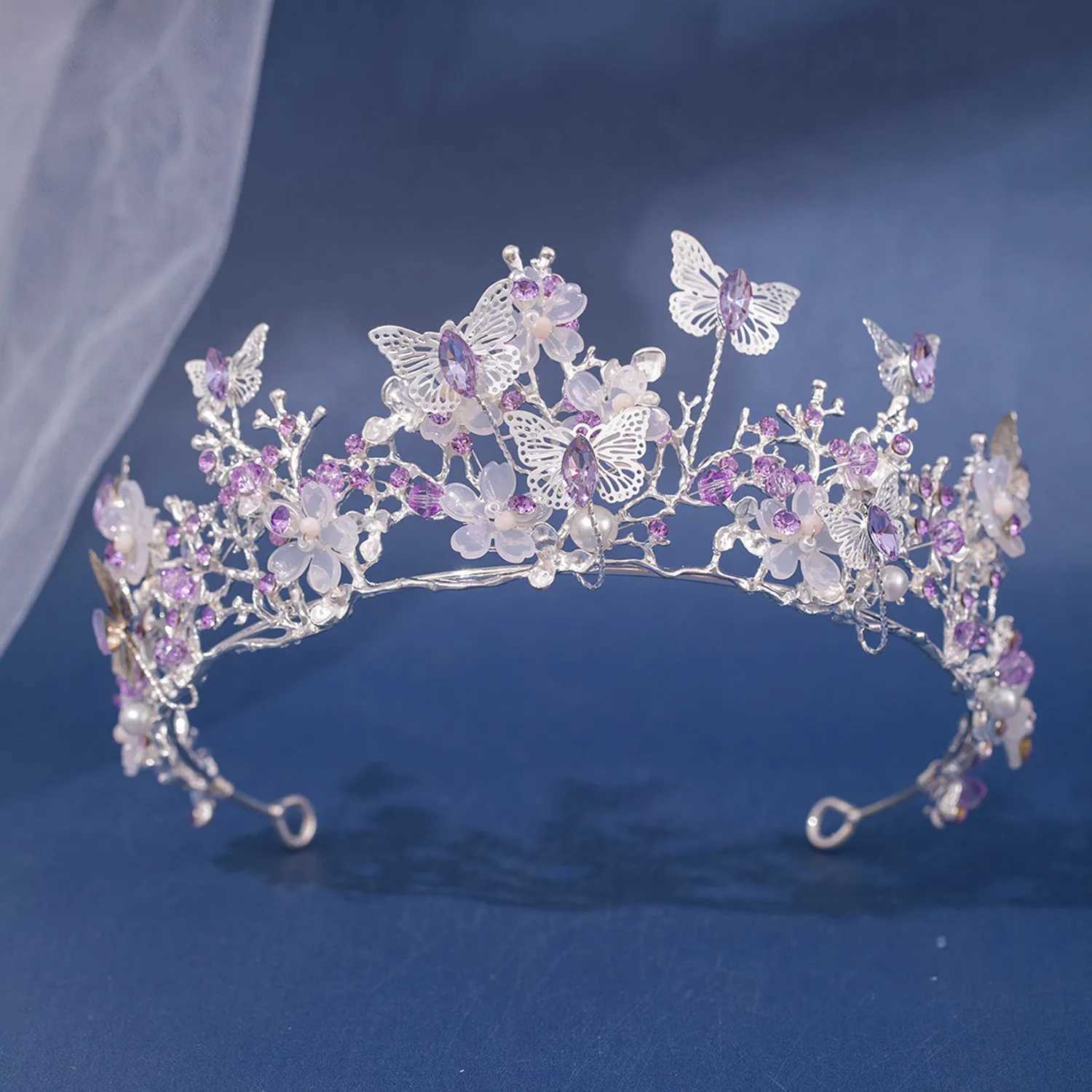 Baroque Silver Color Purple Crystal Butterfly Bridal Tiaras Crowns Headpiece Rhinestone Pageant Diadem Wedding Hair AccessoriesX240913