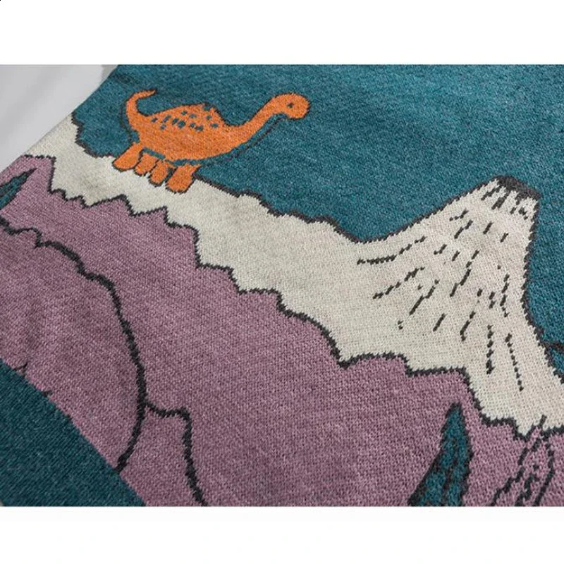 Harajuku Cartoon Dinosaur Knitted Sweater Mens Winter Womens Retro Floral Casual Japanese Street Clothing Unisex 240906