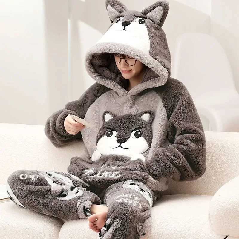 Autumn Winter Homewear Coral Fleece Men Pajamas Thick Fur Flannel Cartoon Male Loungewear Sets Plus-size Loungewear Suit Pyjamas Y240913