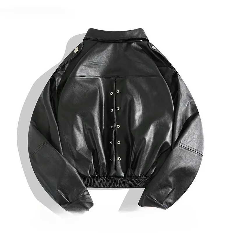Mens Motorcycle Racing PU Leather Jacket Autumn Winter Hong Kong Style High Street Long Sleeve Loose Hip Hop Short Zipper CoatsX240913