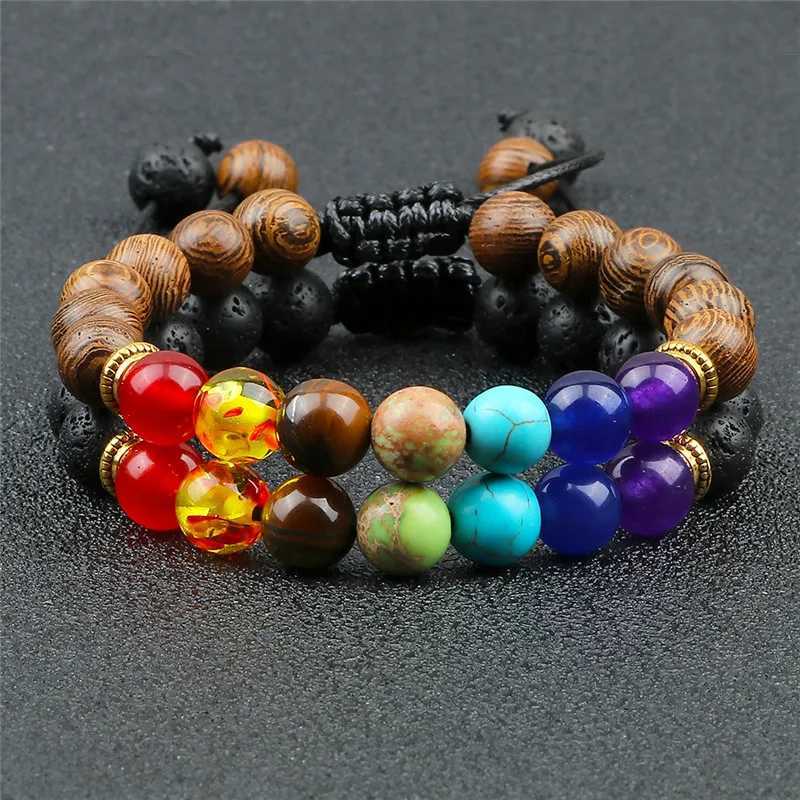Mens 8mm natural bead bracelet with fused rock 7 chakras adjustable womens rope chain yoga couple bracelet W240913