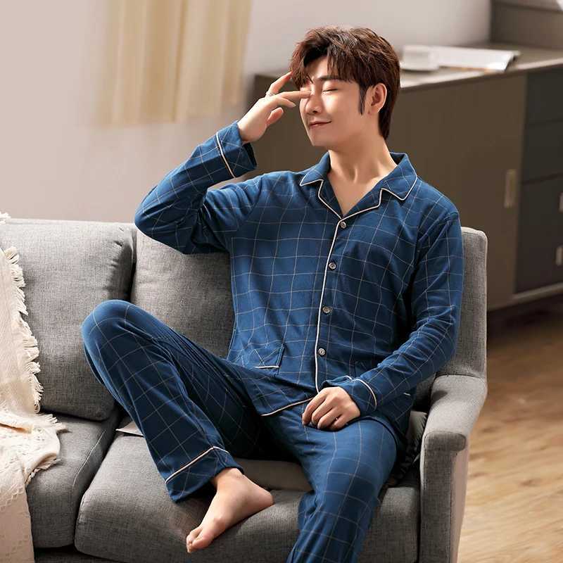 6XL Full Cotton Pijama for Men 2Piece Lounge Sleepwear Pyjamas Plaid Autumn Bedgown Home Clothes Man PJs Pure Cotton Pajamas Set Y240913