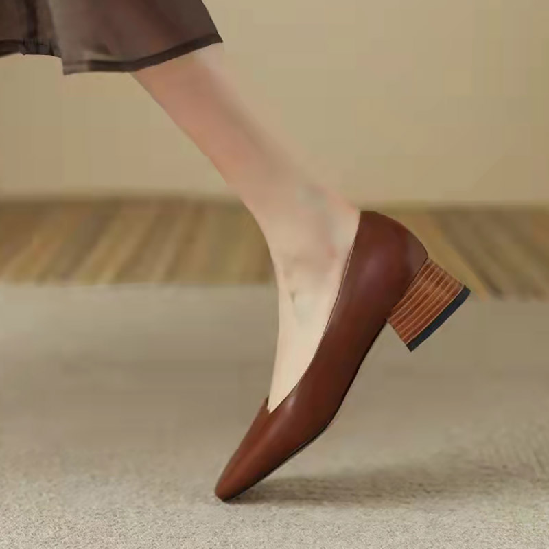 Women's Mid Heels Pumps Square Toe Boat Shoes for Women Dress Shoes Concise Office Lady Shoes Slip on Wood Heels Autumn 9822N