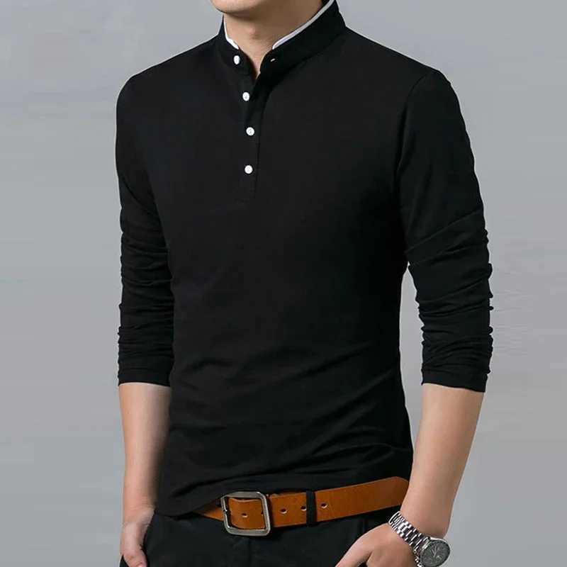 Mens fashionable long sleeved polo shirt casual cotton breathable top stand up collar Korean style comfortable T-shirt top W2409134