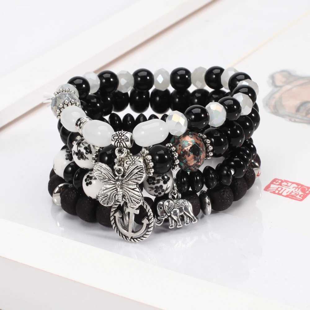 Bohemian Bracelet Set Womens Stackable Butterfly Elephant Anchor Pendant Bead Bracelet W240913
