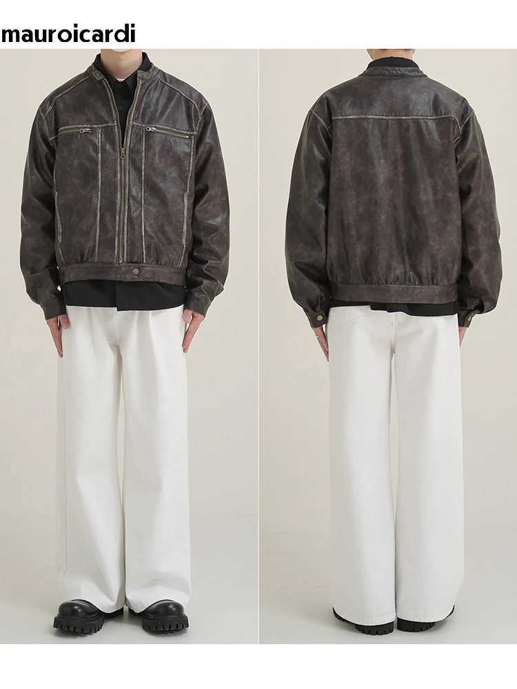 Mauroicardi Spring Autumn Short Vintage Cool Distressed Washed Pu Leather Moto Biker Jacket Men Zipper Luxury Designer ClothesX240913