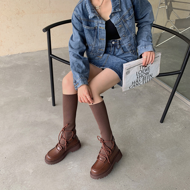 Knitted Stretch sock boots women lace-up long tube riding botas thicken soled stovepipe botte femme slim knee-high botines 2021