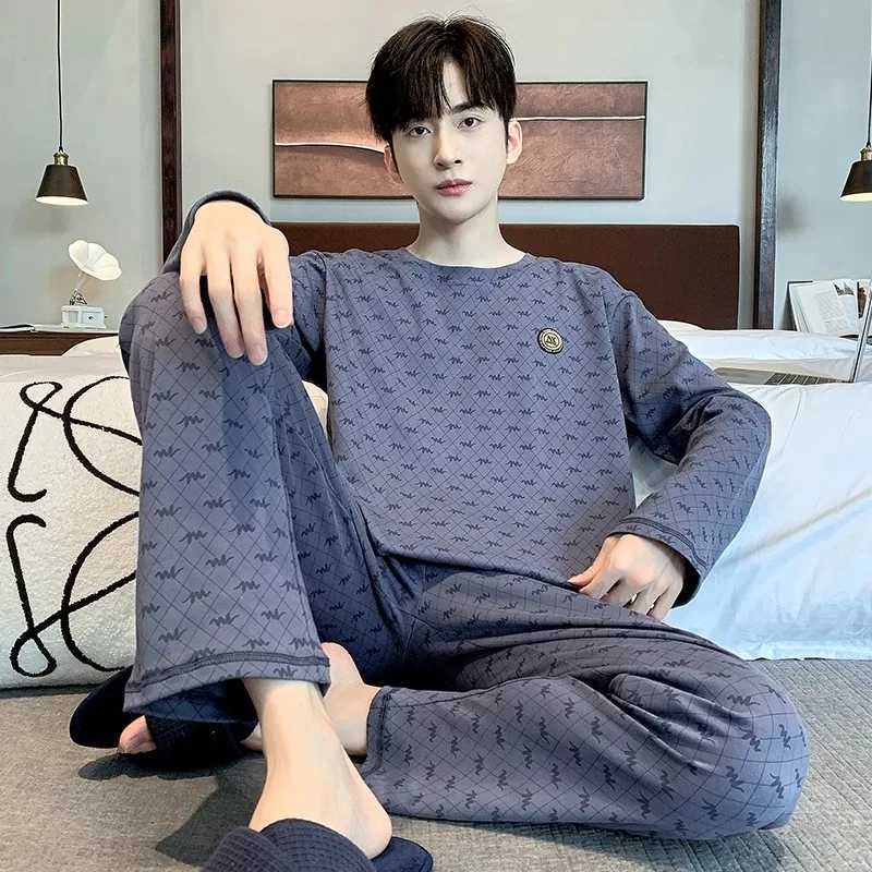2024 100% Cotton Sleepwear for Men Long Sleeves Sleeping Top Pant Nightwear Young Boy Male Nightwear Striped Home Clothes Y240913
