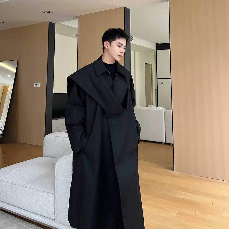 2023 Autumn Korean style Unique lapel jacket trench men casual loose long section Windbreaker for men coat jacket M-XL Y240913