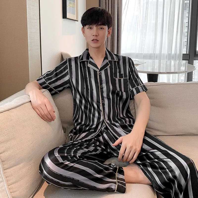 Large 5XL Men Underwear 2Piece Set Spring Pyjamas Short Sleeve Trousers Suit Casual Home Wear Silk Boy Pajama Leisure Sleepwear Y240913