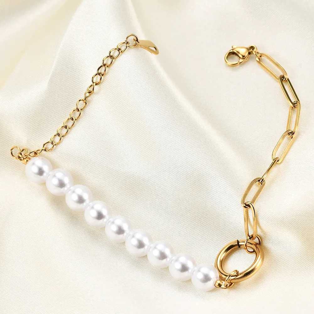 HNSP Stainless Steel Imitation Pearl Bracelet For Women Vintage Design Stitching Hand Chain Jewelry AccessoriesX240913