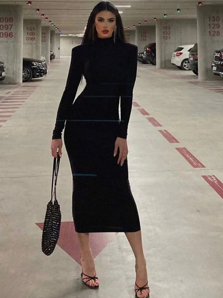 Womens SpringSummer Fashion Long Sleeve Street Clothing Tight Black Midi Dress Wholesale Products 240913