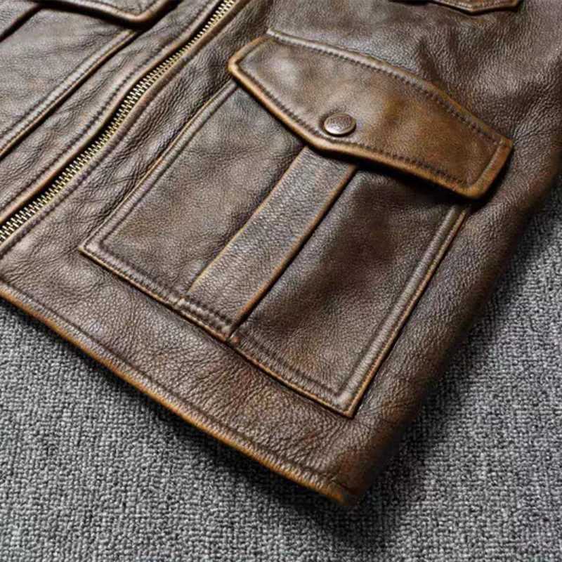 Mens Genuine Leather Jacket Natural Cowhide Hunting Jacket First Layer Cowhide American Retro Motorcycle Jacket Short JacketX240913