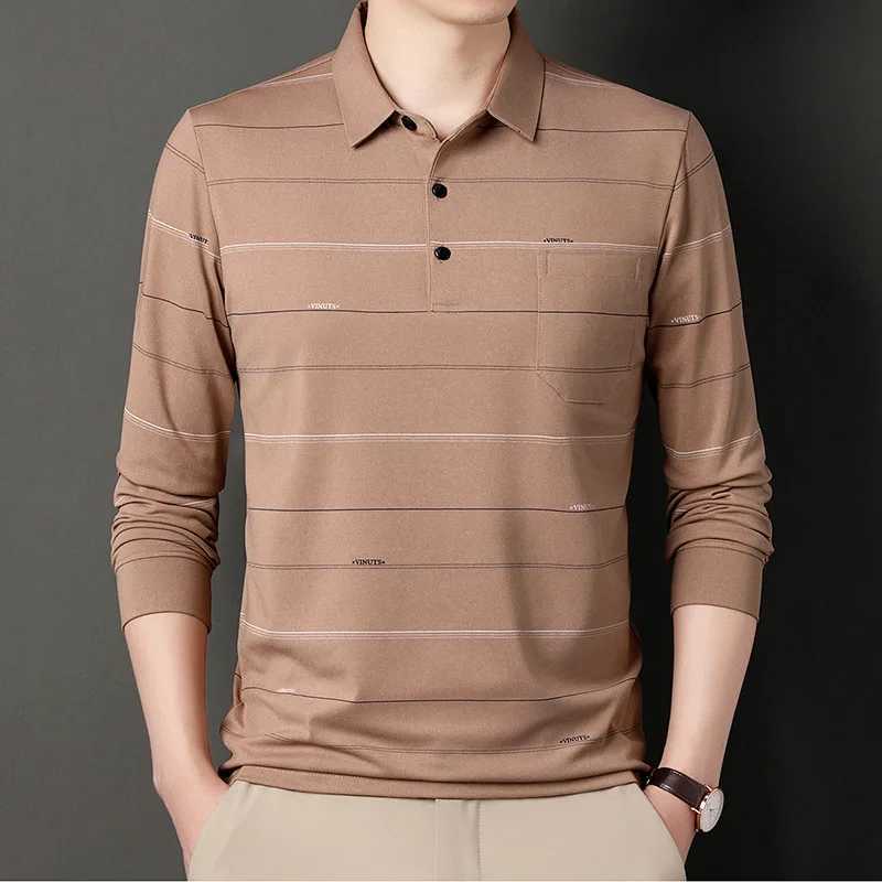 Mens high-quality Korean fashion striped polo shirt spring and autumn casual long sleeved T-shirt mens Pullover basic top W240913