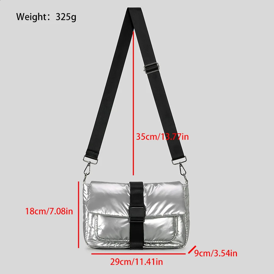 Fashion Silver Square Puffer Bag Padded Women Shoulder Bags Casual Nylon Down Cotton Crossbody Bag Trend Wide Strap Flap Purses 240907